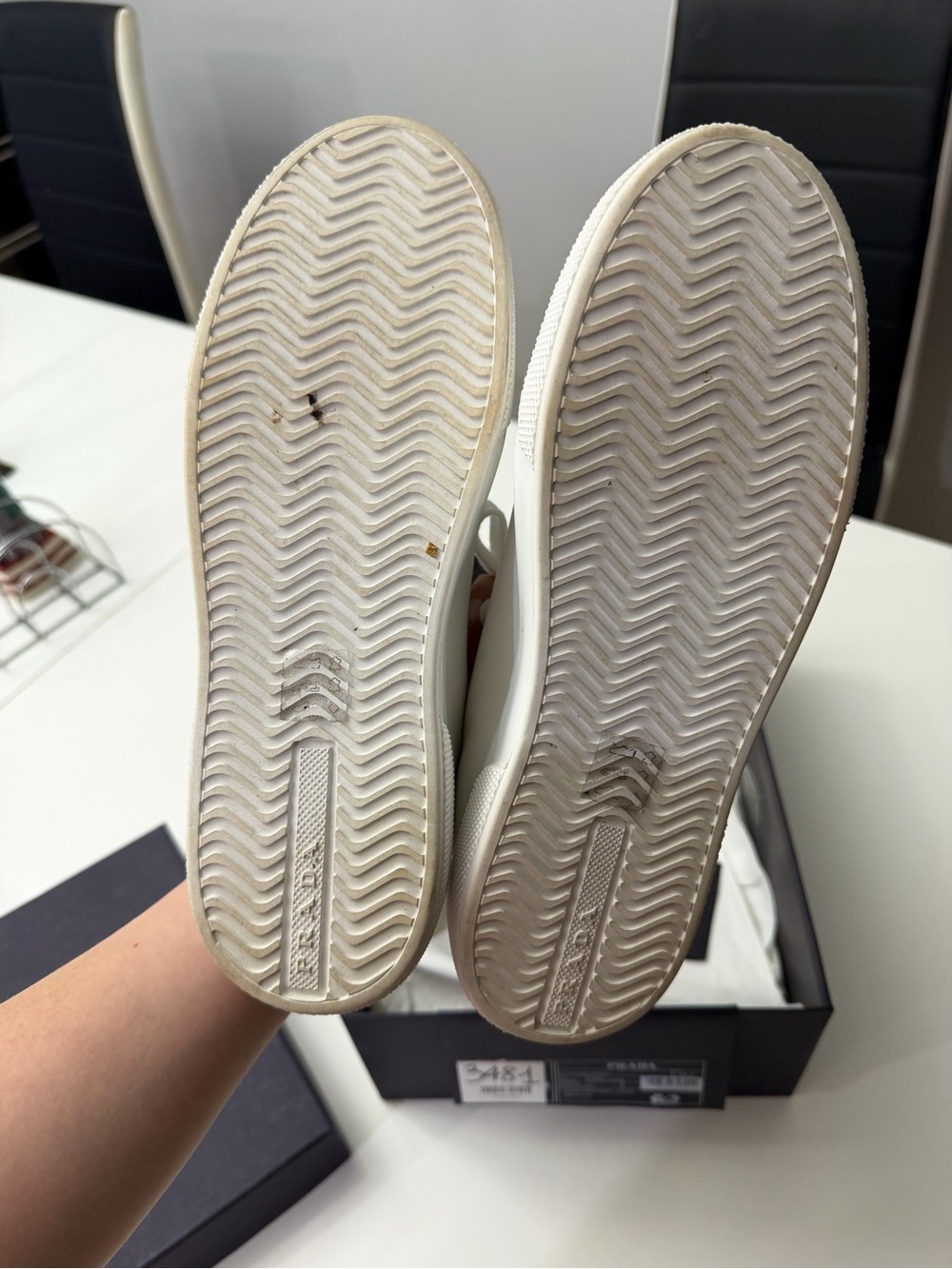 Prada White Leather Low-Top Sneakers with Black Heel Patch - Picture 3 of 4